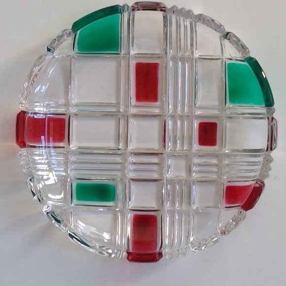Walther Glas Red + Green Plaid Crystal Plate - Picture 1 of 16